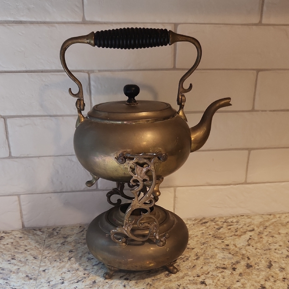 Vintage Copper Rocking Tea Kettle With Warming Stand